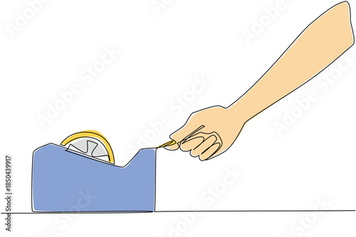 Single one line drawing hand taking isolation from isolation place. Technology for gluing. Transparent clear color. Equipment. National Cellophane Tape. Continuous line design graphic illustration