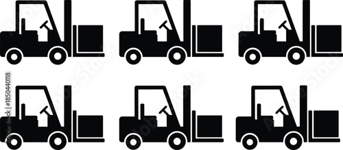 Forklift loading silhouettes set, warehouse material handling vehicles with cargo pallets, industrial lifting equipment icons, logistics transport forklifts, black vector illustrations