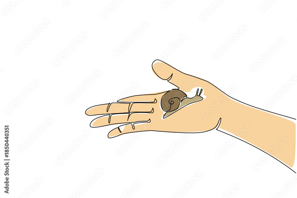 Fototapeta premium Single continuous line drawing snail walking on the palm of the hand. The charm of good people. Moving to natural habitat to breed. Natural. National Snail Day. One line design vector illustration
