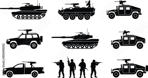 Military vehicle silhouette set, tanks armored cars soldiers weapons, combat transport collection, defense army equipment icons, black vector illustration