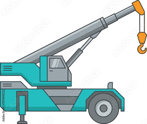 Mobile crane illustration, compact hydraulic lifting vehicle with hook, construction machinery icon, industrial service equipment isolated on white background