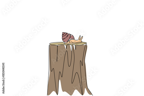 Single one line drawing the snail walking on a cut tree trunk. Surviving massive illegal logging. Losing habitat. Adapting to moving. National Snail Day. Continuous line design graphic illustration