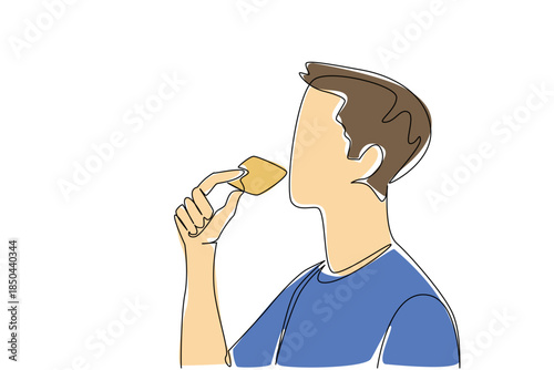 Single continuous line drawing a man eating biscuits. A sweet dessert. Filling in a simple way. Delicious. Crunchy. Cracker. Snack. Breakfast. National Biscuit Day. One line design vector illustration