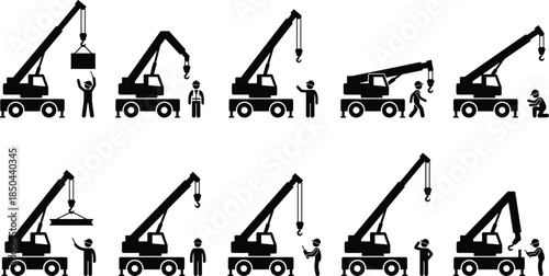 Mobile crane operation silhouette icon set with construction workers lifting loads, safety activities, industrial machinery illustration isolated white background
