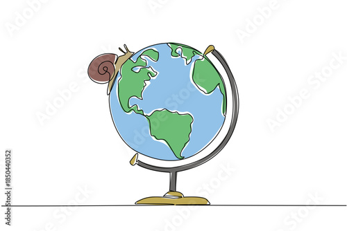 Single one line drawing snail walking on globe. Animals with a very wide distribution throughout the world. Has many habitats. Symbol. National Snail Day. Continuous line design graphic illustration