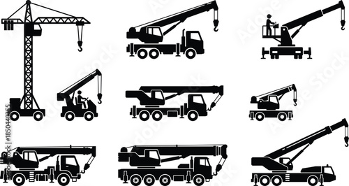 Mobile crane silhouette icon set with tower cranes, truck mounted cranes, operators, heavy lifting machinery isolated white background