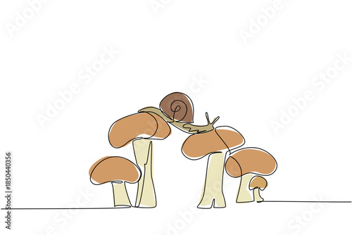 Single continuous line drawing snails walking and crossing on mushroom stems. Crawling animal with coiled shell. Devouring mushrooms slowly. National Snail Day. One line design vector illustration