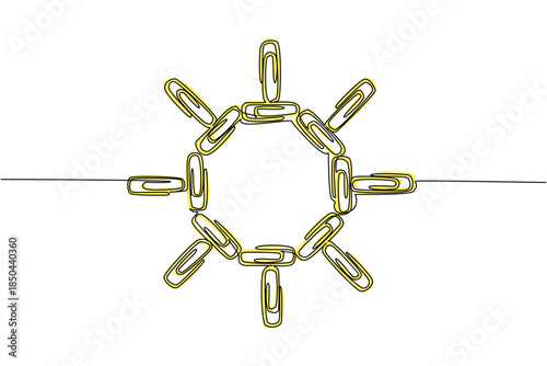 Continuous one line drawing paper clips arranged into the sun and rays around it. Symbolizing the need for paper clips in office. National Paperclip Day. Single line draw design vector illustration