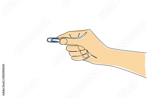 Single continuous line drawing hand holding a paper clip. Take as needed. Glue work documents without damaging the paper. Tool. Equipment. National Paperclip Day. One line design vector illustration