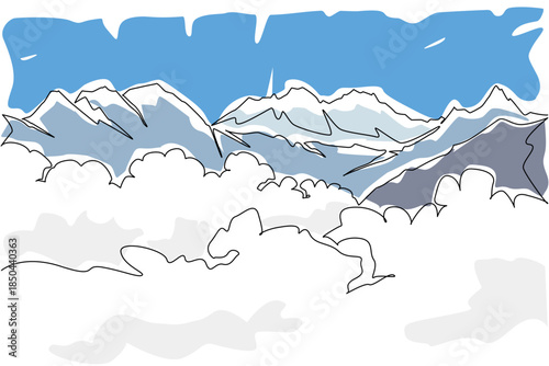 Single one line drawing Himalayan mountain range. A route full of obstacles and the threat of snow storms to reach the peak. Summit. Mount Everest Day. Continuous line design graphic illustration