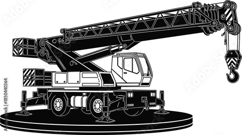 Mobile crane silhouette illustration, heavy industrial lifting vehicle, telescopic boom truck, construction machinery, black vector design, engineering equipment, isolated background