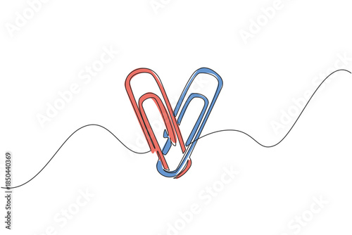 Single continuous line drawing paper clip shaped into a heart. Office needs when want to stick paper without glue. Does not damage paper. National Paperclip Day. One line design vector illustration
