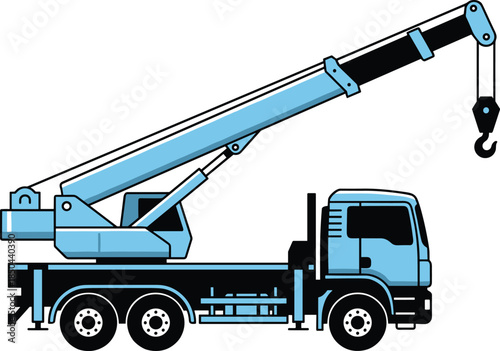 Mobile crane truck illustration, blue hydraulic lifting vehicle with hook, construction service machinery icon isolated on white background vector