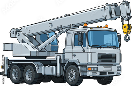 Mobile crane truck illustration, hydraulic lifting construction vehicle with hook, heavy industrial machinery equipment isolated on white background