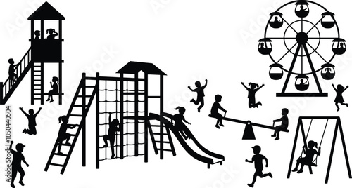 Playground silhouette, children playing, climbing net, tower slide, swing set, Ferris wheel, seesaw, amusement park, black and white illustration