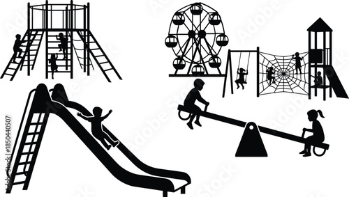 Playground silhouette, children playing, climbing structure, Ferris wheel, swing set, spider net, slide, seesaw, amusement park, black and white illustration