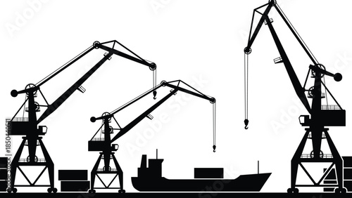 Port crane silhouette scene, harbor loading cranes, cargo ship, maritime logistics, industrial harbor equipment, shipping industry, heavy lifting, vector illustration