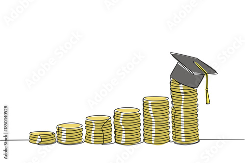 Single continuous line drawing pile of coins that getting higher and higher with graduation cap on highest pile. Higher education high cost. College Savings Day. One line design vector illustration