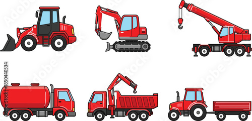 Red construction vehicle icon set with excavator, loader, crane, tanker, dump truck, tractor illustration isolated white background vector flat design