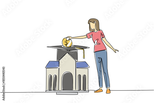 Continuous one line drawing a woman puts coins into a graduation cap and the campus building below. College fees. Financial education. College Savings Day. Single line draw design vector illustration