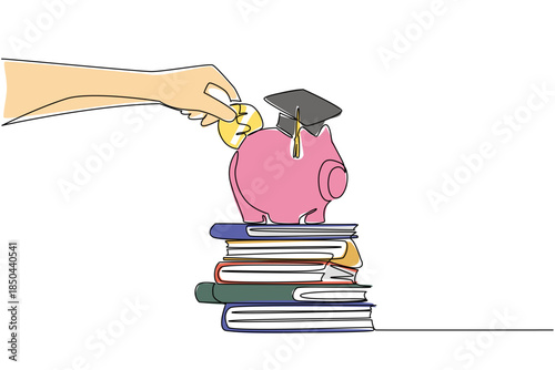 Continuous one line drawing hand holds coin putting into piggy bank wearing graduation cap. Get ready to welcome the highest education. College Savings Day. Single line draw design vector illustration