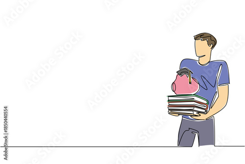 Single continuous line drawing man carrying stack of thick books with piggy bank with a graduation cap on top. Preparing for higher education. College Savings Day. One line design vector illustration