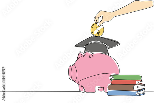 Continuous one line drawing hand puts coin into piggy bank wearing graduation cap. Seriously save for a better future. For education. College Savings Day. Single line draw design vector illustration