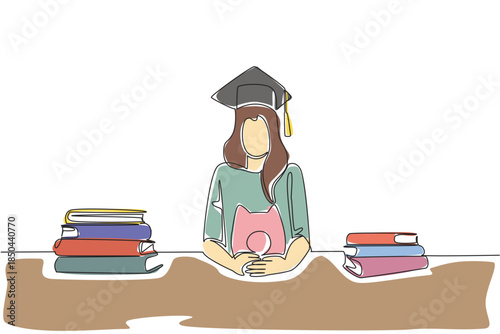 Single continuous line drawing a woman wearing a graduation cap holding a piggy bank and a stack of thick books. Prepare for higher education. College Savings Day. One line design vector illustration