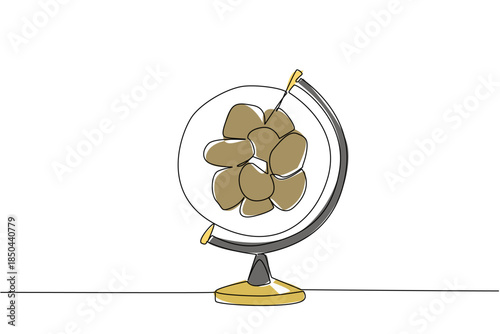 Single one line drawing a globe with a pile of potatoes in the middle. Symbolism of potato cultivation in the world. Tasty. International Day of the Potato. Continuous line design graphic illustration