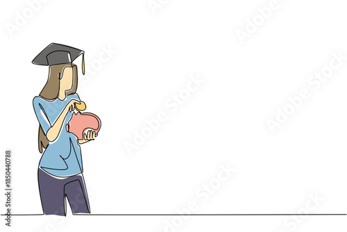 Single continuous line drawing a woman wearing graduation cap puts dollar coin into a piggy bank. Preparing for the future from an early age. College Savings Day. One line design vector illustration