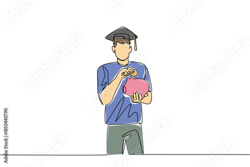 Continuous one line drawing a man wearing a graduation cap puts a dollar coin into a piggy bank. Independent savings for the future. College Savings Day. Single line draw design vector illustration