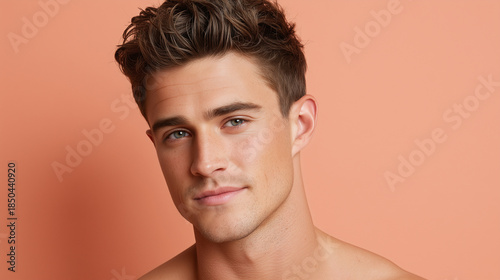 Portrait of handsome model with healthy glowing skin, sharp jawline, short brown hair, blue eyes, and confident expression against peach background