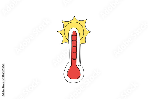 Continuous one line drawing thermometer with red pointer and sun above. Stay home during very hot weather. Heatwave. Warning. National Heat Awareness Day. Single line draw design vector illustration
