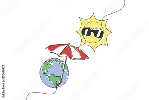 Continuous one line drawing the earth uses an umbrella and the sun uses glasses. Protect from very strong ultraviolet rays. National Heat Awareness Day. Single line draw design vector illustration