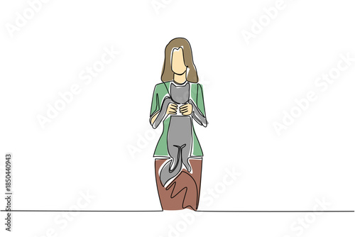 Continuous one line drawing a woman is holding a cat. Carrying. Pet. Hugged with excitement. Weekend fun with beloved pets. International Hug Your Cat Day. Single line draw design vector illustration