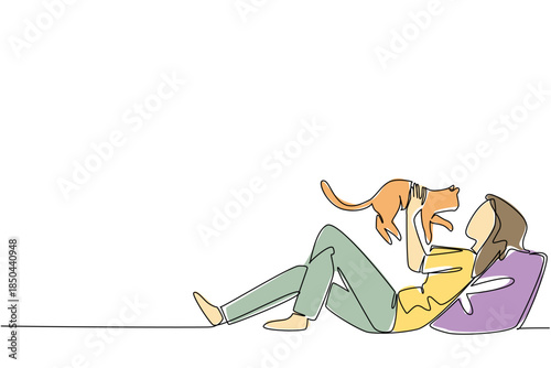 Single one line drawing a woman in casual clothes lying down lifting and hugging cat. Play for a while with the beloved cat. International Hug Your Cat Day. Continuous line design graphic illustration