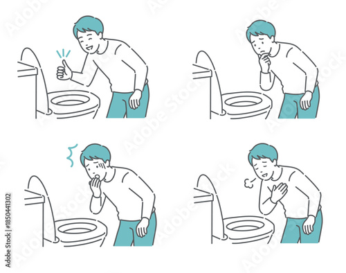 トイレで便の状態を確認する男性のイラストセット（OK・困る・驚く・安心）