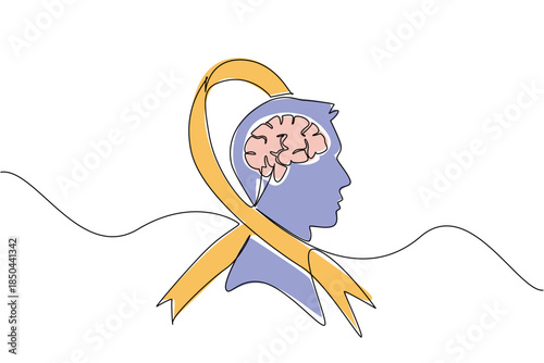 Continuous one line drawing campaign ribbon wraps around silhouette of head with brain inside the head. Suffering is ongoing. World Multiple Sclerosis Day. Single line draw design vector illustration