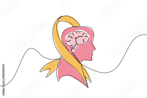Single continuous line drawing campaign ribbon wraps around silhouette of head with brain inside head. Currently undergoing treatment. World Multiple Sclerosis Day. One line design vector illustration