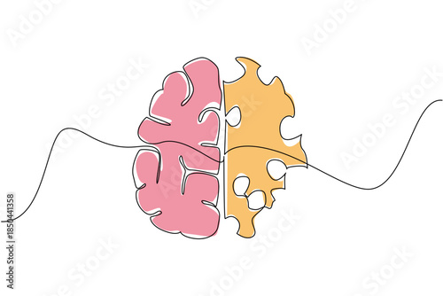 Single one line drawing brain with 2 parts, normal and perforated. A clear comparison. Brain function begins to decline. World Multiple Sclerosis Day. Continuous line design graphic illustration