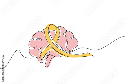 Continuous one line drawing brain with ribbon in the middle. A disease that is very difficult to predict. Paralyze the brain. World Multiple Sclerosis Day. Single line draw design vector illustration