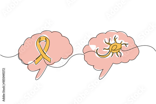 Single one line drawing multiple sclerosis nerves in left brain and campaign ribbons in right brain. Cerebral palsy. Disease. World Multiple Sclerosis Day. Continuous line design graphic illustration