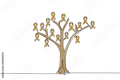 Continuous one line drawing tree whose leaves are campaign ribbons. Symbolization of the brain network system. Nerves. Sick. World Multiple Sclerosis Day. Single line draw design vector illustration