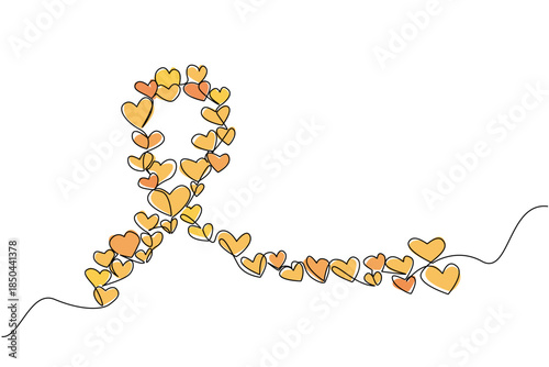 Single continuous line drawing large campaign ribbon formed from collection of small hearts of varying sizes. Caring ribbon. Symbol. World Multiple Sclerosis Day. One line design vector illustration