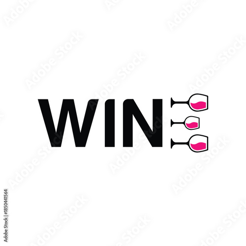 Stylish wine glasses and WIN text on white background