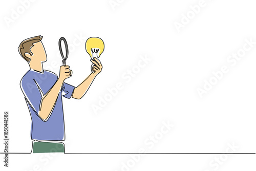 Single continuous line drawing man holds lightbulb and examines with magnifying glass. Looking for brilliant solutions to problem solving. National Creativity Day. One line design vector illustration