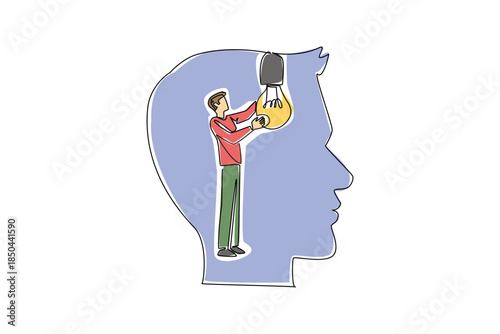 Single one line drawing a man installs a large bulb inside the silhouette of a large head. Stimulate brilliant ideas to come out. National Creativity Day. Continuous line design graphic illustration