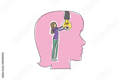 Single continuous line drawing a woman installs a large bulb inside the silhouette of a large head. Helps facilitate reasoning. Genius. National Creativity Day. One line design vector illustration