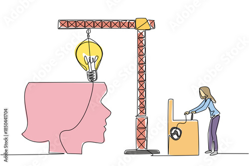 Continuous one line drawing a woman controls crane inserts lightbulb into big open silhouette of a head. Memory reconstruction. National Creativity Day. Single line draw design vector illustration