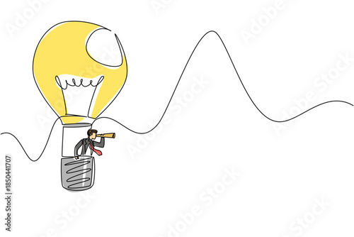 Continuous one line drawing businessman rides hot air balloon shaped lightbulb, looks through using monocular. Intuition. Idea. National Creativity Day. Single line draw design vector illustration